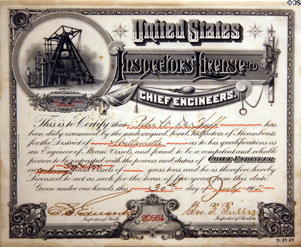 Chief Engineers Inspectors' License (1902) at Columbia River Maritime Museum. Astoria, OR.