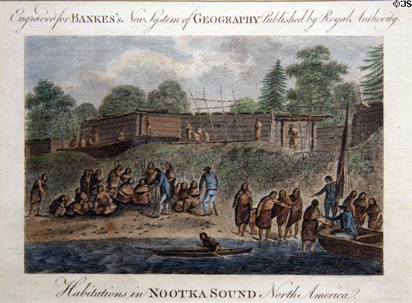 Indian village on Vancouver Island at Nootka Sound (1778) engraved by artist with Captain James Cook's 3rd expedition at Columbia River Maritime Museum. Astoria, OR.
