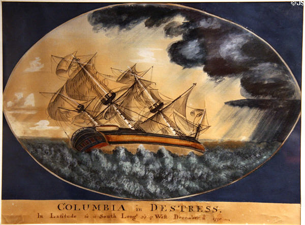 Watercolor of Columbia Rediviva in storm (c1793) by George Davidson at Columbia River Maritime Museum. Astoria, OR.