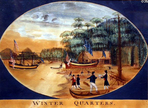 Watercolor of Columbia Rediviva at winter quarters (c1793) by George Davidson at Columbia River Maritime Museum. Astoria, OR.