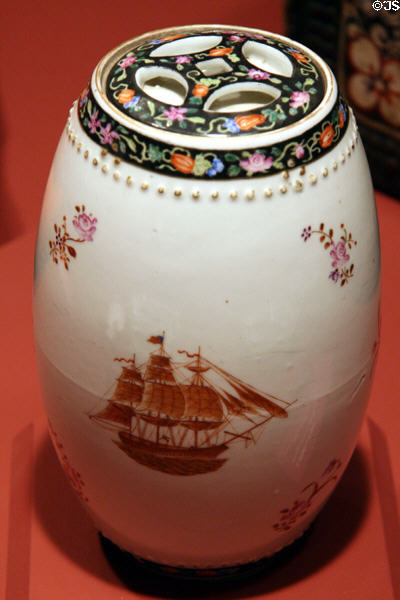 Chinese export porcelain jar painted with American shop (c1850) at Columbia River Maritime Museum. Astoria, OR.