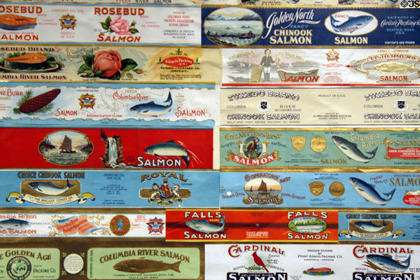 Collection of salmon can labels at Columbia River Maritime Museum. Astoria, OR.
