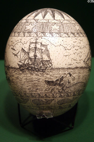 Engraved ostrich eggshell (20th C) at Columbia River Maritime Museum. Astoria, OR.