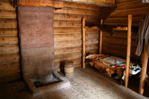 Bunk bed & fire pit in interior of Fort Clatsop. Astoria, OR.