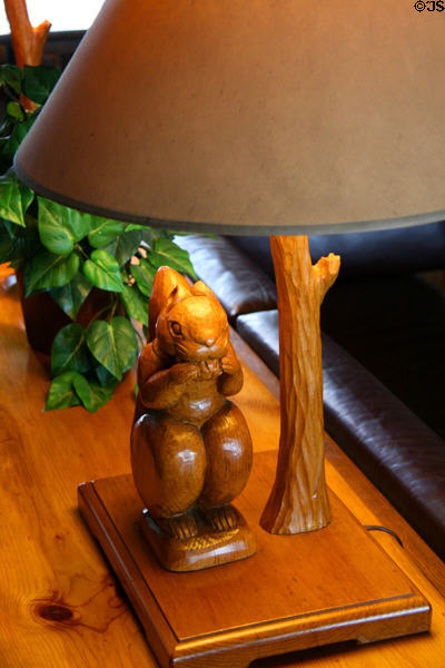 Lamp with carved squirrel in Crater Lake Lodge. OR.