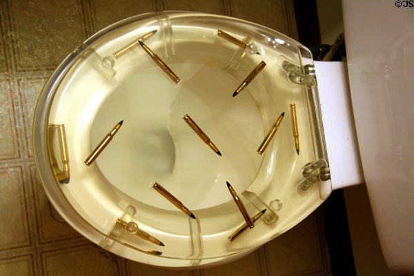 Bullets embedded in toilet seat at Woodsman Country Lodge. Crescent, OR.