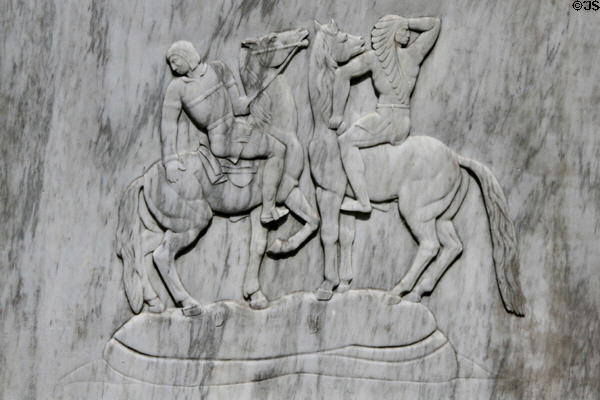Pioneer & Native Americans meeting on horseback on Oregon Trail pioneer monument at Oregon State Capitol. Salem, OR.