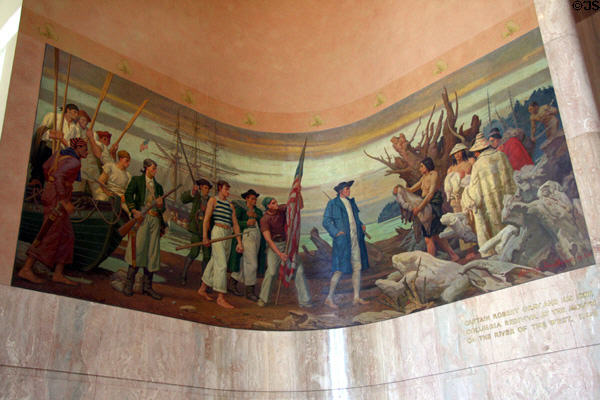 Mural of Captain Robert Gray & ship Columbia Rediviva at mouth of Columbia River (1792) by Barry Faulkner (1938) in Oregon State Capitol. Salem, OR.