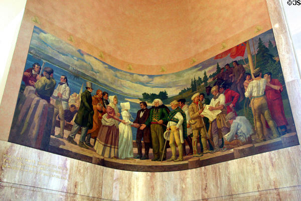 Mural of first white women to reach Fort Vancouver overland (1836) by Barry Faulkner (1938) in Oregon State Capitol. Salem, OR.