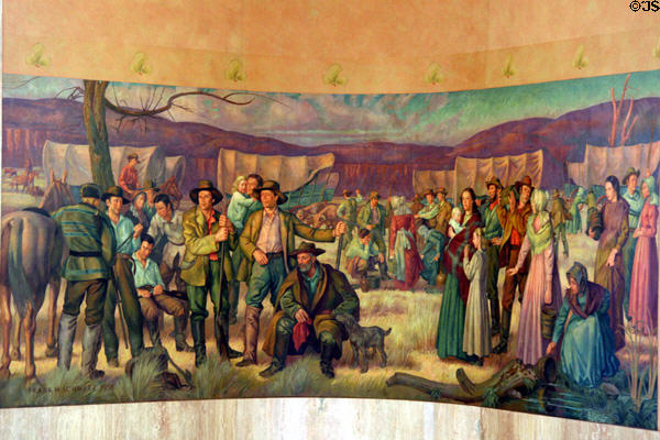 Mural of great wagon train migration at the Dalles (1843) by Frank H. Schwartz (1938) in Oregon State Capitol. Salem, OR.