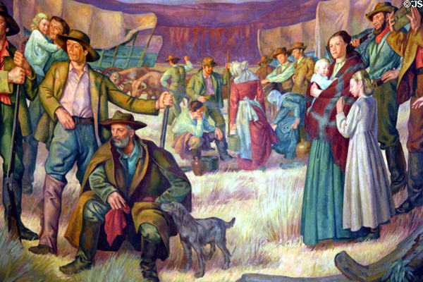 Detail of mural of settlers on great wagon train migration at the Dalles (1843) in Oregon State Capitol. Salem, OR.