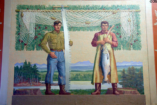Mural of lumberjack & fisherman by Barry Faulkner (1938) at Oregon State Capitol. Salem, OR.