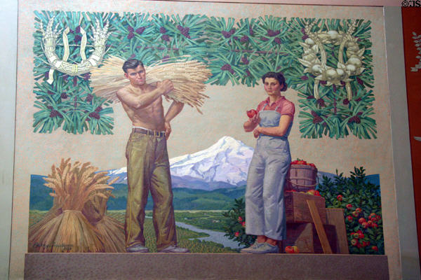 Mural of wheat reaper & apple picker by Barry Faulkner (1938) at Oregon State Capitol. Salem, OR.