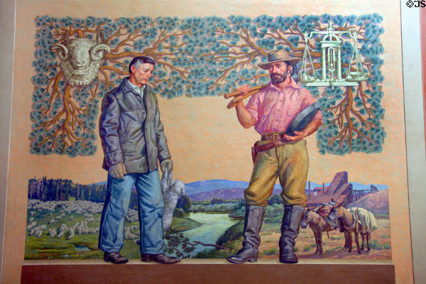 Mural of sheep herder & gold miner by Frank H. Schwartz (1938) at Oregon State Capitol. Salem, OR.