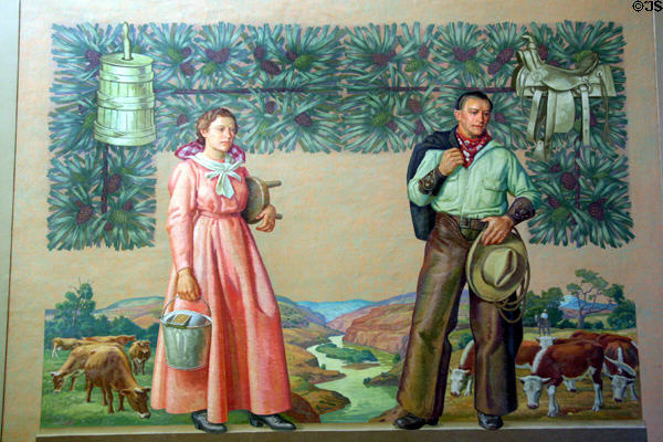 Mural of milk maid & cowboy by Frank H. Schwartz (1938) at Oregon State Capitol. Salem, OR.
