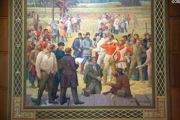 Mural of Oregon pioneers meeting at Champoeg (1843) to establish provisional government by Barry Faulkner in House chamber of Oregon State Capitol. Salem, OR.