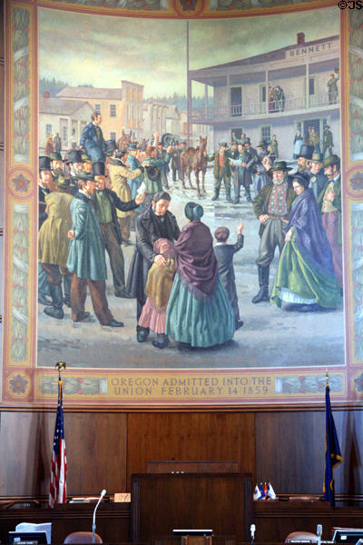 Mural of Oregon admitted to the Union (Feb. 14, 1859) by Frank H. Schwartz (1938) in Senate chamber of Oregon State Capitol. Salem, OR.