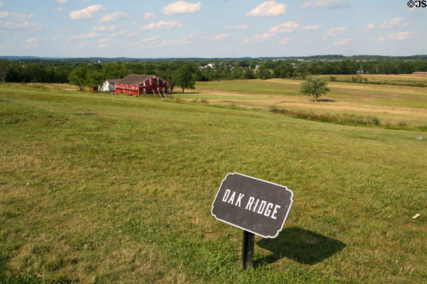 View from Oak Ridge battle line to Barlow Knoll at Gettysburg National Military Park. Gettysburg, PA.