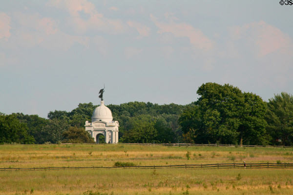 View across battle field to Pennsylvania Monument at Gettysburg National Military Park. Gettysburg, PA.