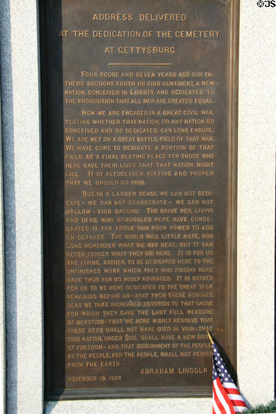 Gettysburg Address plaque on Pennsylvania monument at Gettysburg National Military Park. Gettysburg, PA.