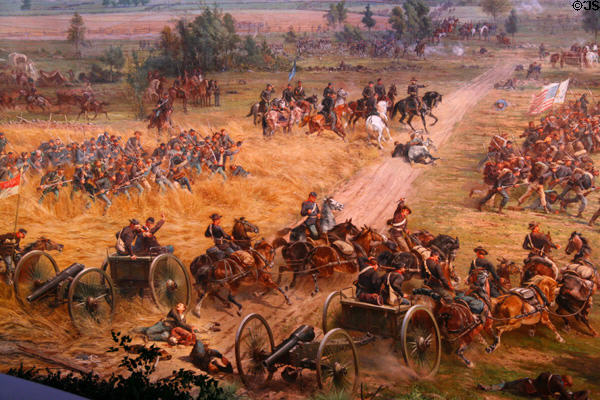 Gettysburg battle cyclorama scene of Union troops rushing to lines. Gettysburg, PA.
