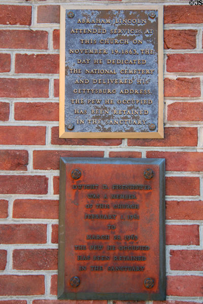 Plaques marking worship in Presbyterian Church by Abraham Lincoln (Nov. 19, 1863) & by Dwight D. Eisenhower (1961-9). Gettysburg, PA.