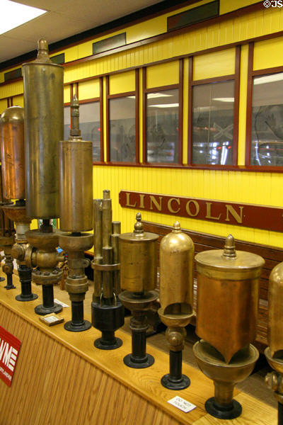 Steam whistle collection at Lincoln Train Museum. Gettysburg, PA.