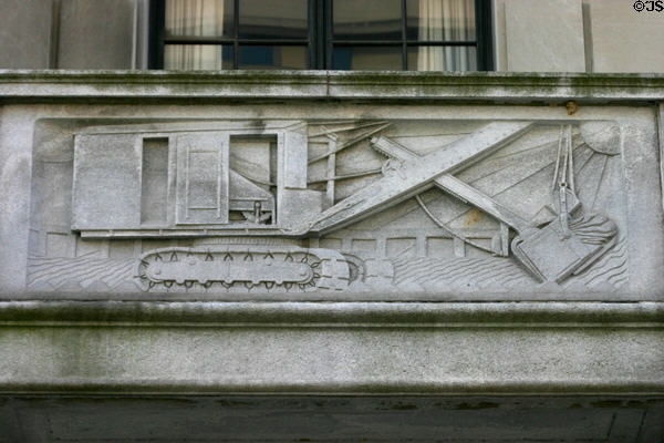 Art Deco relief of Steam Shovel on North Office Building of State Government complex. Harrisburg, PA.