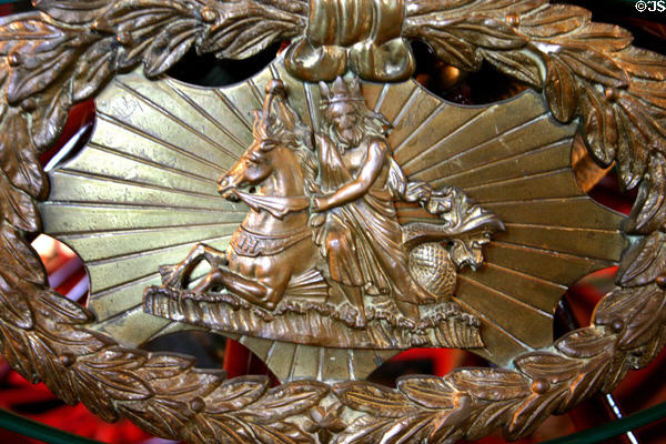 Neptune decoration on hose carriage in Harrisburg Fire Museum. Harrisburg, PA.