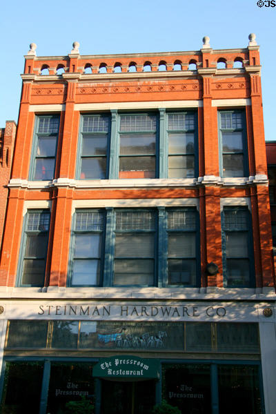 Steinman Hardware Co. store (1866) (26 W. King St.) once held a firm started in 1744 to sell supplies to pioneers moving west. Lancaster, PA. Style: Queen Anne. Architect: R. Kennedy. On National Register.