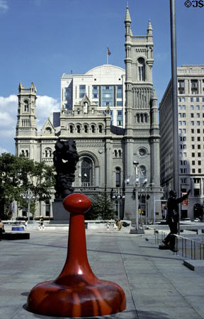 Masonic Temple with game piece part of a sculpture group called Your Move (1996) by Daniel Martinez, Renee Petropoulis, Roger White around City Hall plaza. Philadelphia, PA.