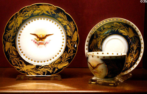 Benjamin Harrison plate & cup with corn border in Liberty Museum. Philadelphia, PA.