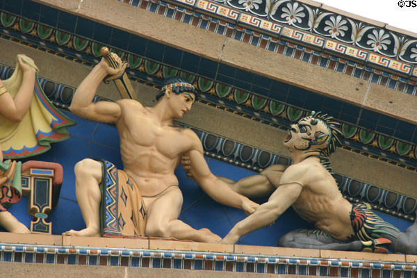 Swordsman fighting devil on pediment of Philadelphia Museum of Art. Philadelphia, PA.