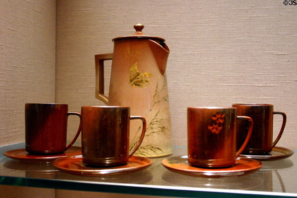 Coffee pot & cups (1885) by Rookwood Pottery of Cincinnati at Philadelphia Museum of Art. Philadelphia, PA.