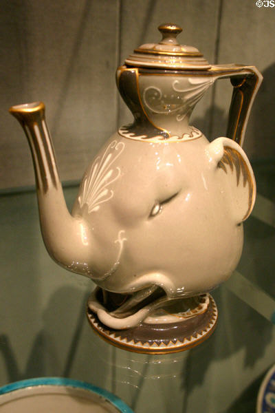 Coffee pot in shape of elephant head (1862) by Marc-Louis-Emmanuel Solon of Sèvres at Philadelphia Museum of Art. Philadelphia, PA.