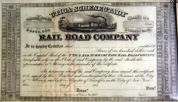 Utica & Schenectady stock certificate at Steamtown. Scranton, PA.