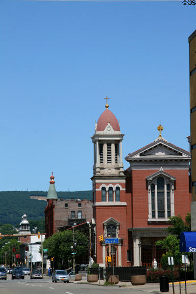 Streetscape along Linden St. to series of towers with St. Peter' s Cathedral on right. Scranton, PA.