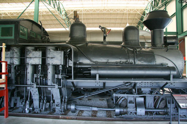 Leetonia Shay geared locomotives used pistons, crankshafts & gears to drive wheels at Railroad Museum of Pennsylvania. Strasburg, PA.