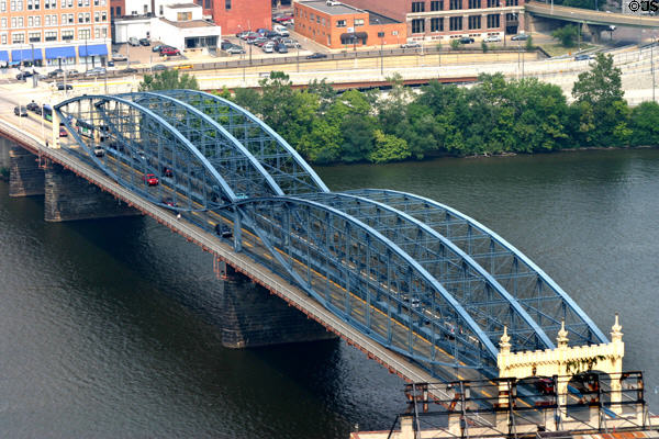 Smithfield Street Bridge (1881-9) by Gustav Lindenthal over Monongahela River. Pittsburgh, PA. On National Register.