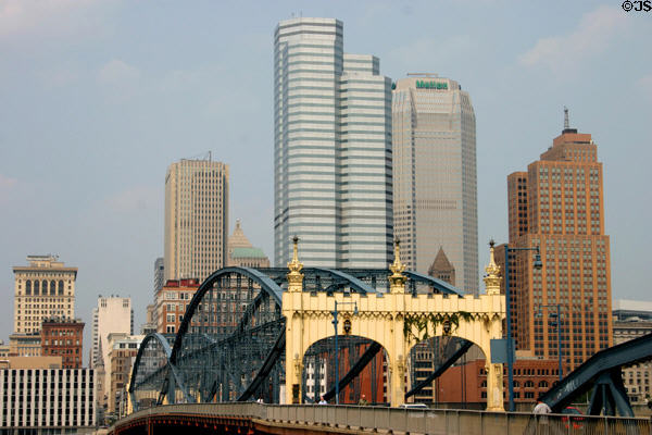Smithfield Street Bridge against Pittsburgh skyline. Pittsburgh, PA.