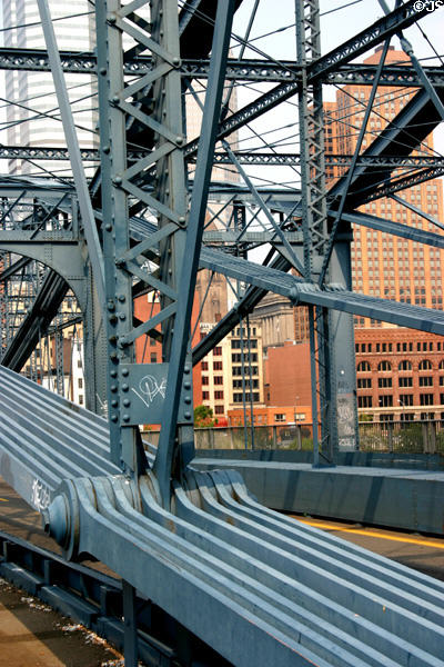 Iron suspension links pinned into cable holds up Smithfield Street Bridge. Pittsburgh, PA.