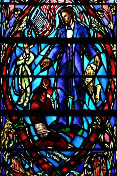 Stained glass Abraham Lincoln freeing the slaves in Heinz Chapel. Pittsburgh, PA.