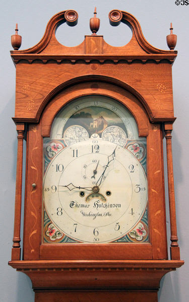 Face of tall case clock (c1801) by Thomas Hutchinson of Washington, PA at Carnegie Museum of Art. Pittsburgh, PA.