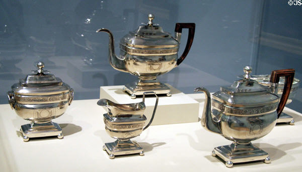 Silver coffee & tea service (1800-15) by Joseph Lownes of Philadelphia, PA at Carnegie Museum of Art. Pittsburgh, PA.