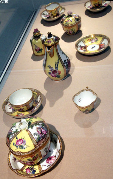 Yellow & white quatrefoil tea & coffee service (c1745) by Meissen Porcelain Manuf. of Germany at Carnegie Museum of Art. Pittsburgh, PA.