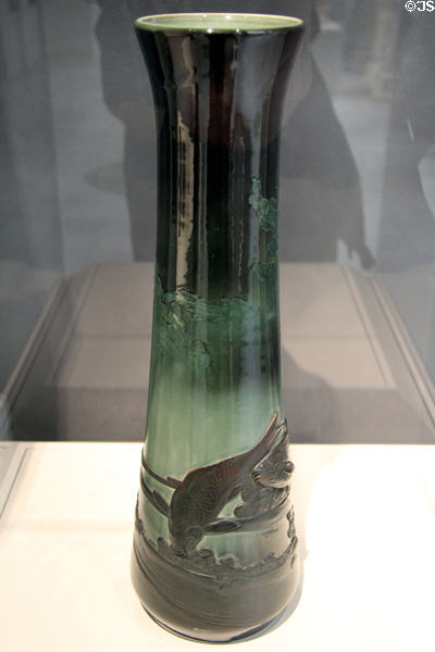 Earthenware green vase with carp(1900) by Kataro Shirayamadani of Rookwood Pottery at Carnegie Museum of Art. Pittsburgh, PA.