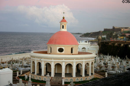 Rotunda centerpiece of San Juan cemetery at dusk. San Juan, PR.