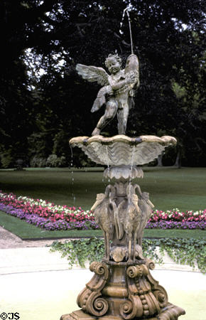 Rosecliff mansion sculpted stone fountain of cherub holding fish over cranes. Newport, RI.