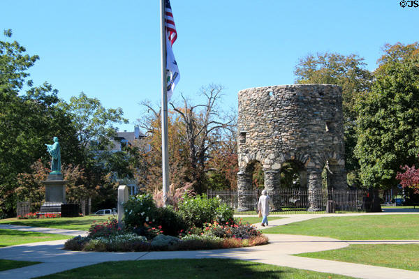 Touro Park on Bellevue Ave. with Old Stone Mill (c1660). Newport, RI.
