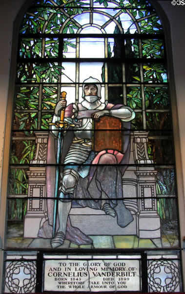 Stained glass window of knight commemorating Cornelius Vanderbilt (1832-99) by Tiffany at Trinity Church. Newport, RI.